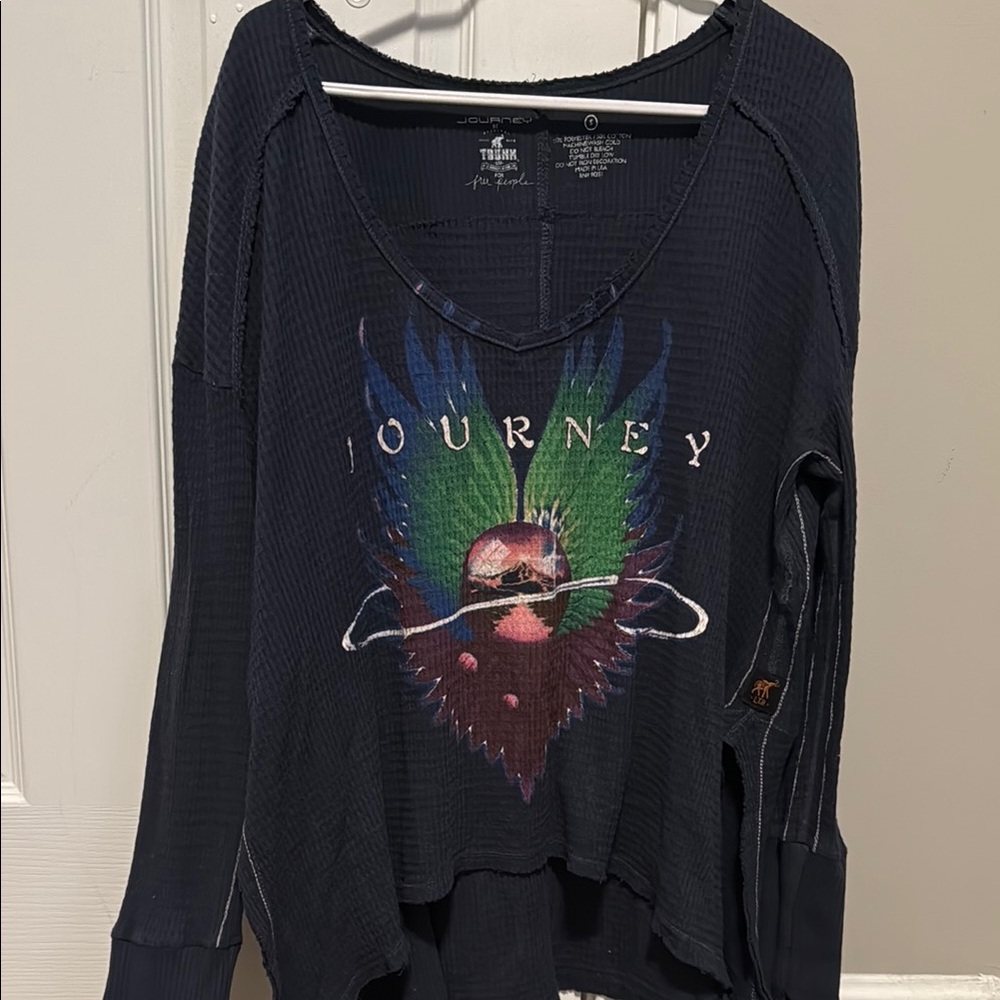 Free People Journey Band Graphic Long Sleeve Waffle Knit Top - Small